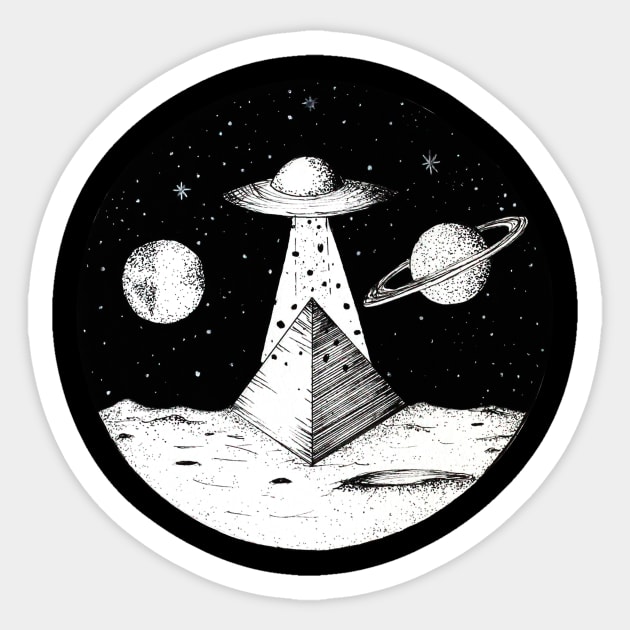 UFO Aliens Flying Saucer Space Planets Surreal Sticker by ballhard